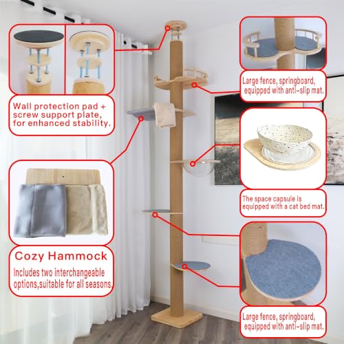 Floor to Ceiling Cat Tree Height (50-120.5in) Adjustable Cat Tower 5 Tier Hemp Scratching Post High Cat Tree Sturdy Activity Tree Indoor Outdoor Cat Scratching Post Activity Center - size: 5-tier cat tree