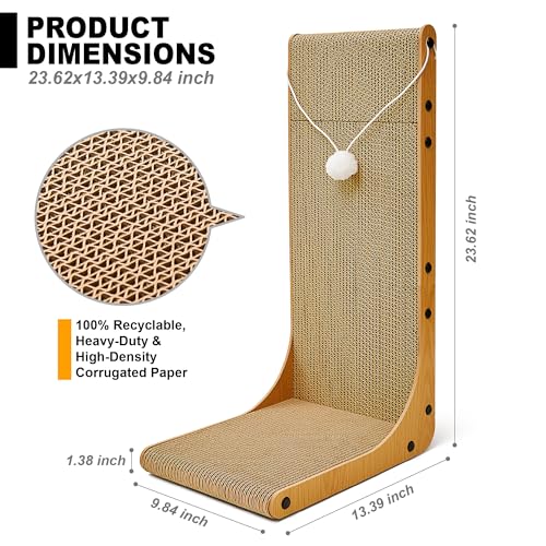 Value 2-Pack 23.6 Inch L-Shaped Cardboard Cat Scratcher, Dual Use (Vert/Horiz) Scratch Pad with Toy Balls, Wall-Mountable Furniture Protector Cat Scratchers for Indoor Cats - size: 23.6 Inch 2- Pack