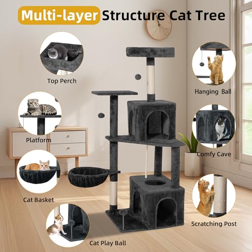 Cat Tree 54-Inch Cat Tower with Padded Plush Perch 2 Comfy Caves, Scratching Posts, Basket, 2 Pompoms, Multi-Level Plush Cat Condo for Indoor Cats Kittens, Dark Gray - color: Dark Gray