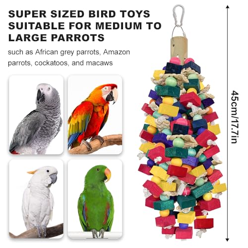 Bird Toys for Large Parrots Colorful Natural Wood Block Parrots Chew Foraging Toys for Bird Cages Cockatoos, Macaws, African Greys, and Amazons