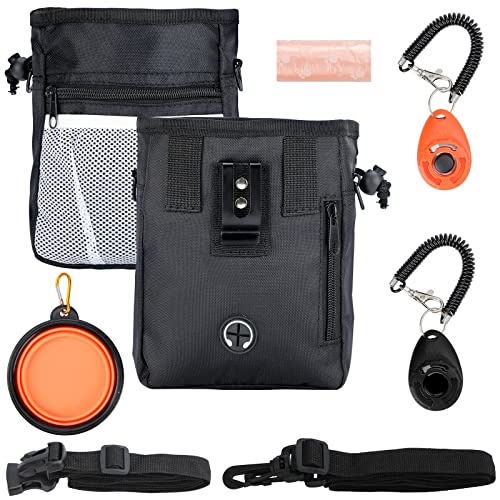 Dog Treat Pouch for Pet Training Kit, 3-Way Wear Bag with 2 Clickers & Bowl - color: Black