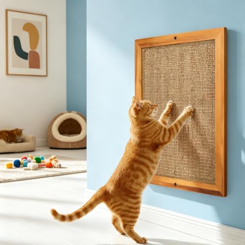 Wooden Sisal Cat Scratching Post, Wall & Floor Mount Vertical Cat Scratch Pad for Indoor Kittens Adult Cats, Durable Cat Wall Scratcher Furniture Protector Cat Toy