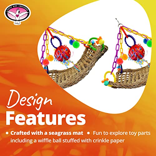 Super Bird Creations SB748 Flying Trapeze Bird Toy for Conures, Quakers, Cockatiels, Parrots, Senegals, Multi-Colored Chain, Seagrass Mat, Enrichment Toy - Medium Bird Size, 14" x 13" x 12"
