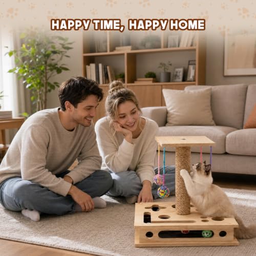 Cat Nail File Box, Solid Wood Cat Scratcher with Sandpaper & Enrichment Toy