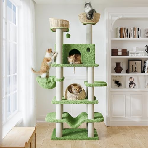 SHA CERLIN 82" Handmade Rattan Cat Tree Tower, Multi-Level Activity Center with Sisal Scratching Posts, Plush Condo, Wicker Perches & Hammock, Large Indoor Cat Playground, Green