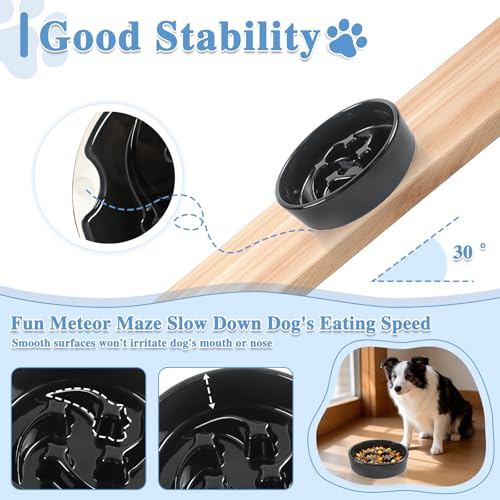 Ceramic Slow Feeder Dog Bowls, 0.6 Cups Dog Food Dish for Small Breed - color: Black-M