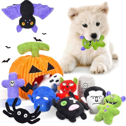 LECHONG Halloween Dog Toys Set, 11 Pack Squeaky Dog Toys for Aggressive Chewers, Pumpkin Assorted Puppy Toys to Keep Them Busy, Toys Gift for Large Medium Small Dogs - size: 11 pack- Halloween