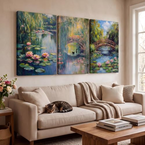 Pormipone Monet 3Pc Poster Water Lily Black Cat Under Bridge Unframed 16x24