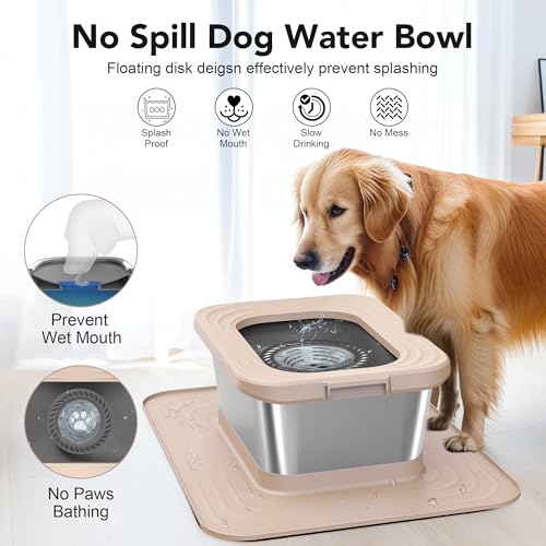 Decflow 10L Stainless Steel Dog Water Bowl, No Spill Anti-Splash Bowls - color: Beige