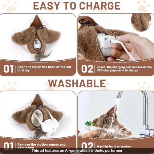 Esoes Flapping Bird Cat Toy, Rechargeable Chirping Catnip Toy, Does Not Fly - color: brown