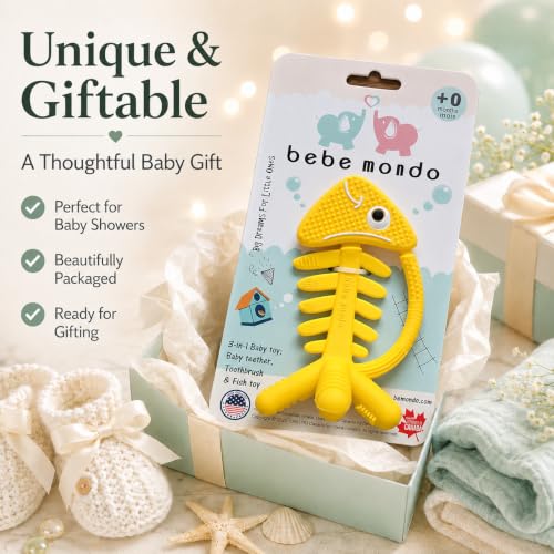 3 in 1 Infant Toys, Baby Teething Toys 3–6 6–12 Months, Teethers for Babies 0–3–6–12 Months for Teething Relief, Baby Gift, Baby Teether Toys, Silicone Sensory Toys, USA Patent Pending, Fish (Yellow) - color: Yellow