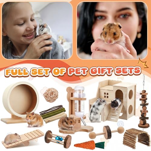 18 Pcs Hamster Cage Accessories, Silent Hamster Wheel 15 Toys Set - style: Harmony Wooden Style