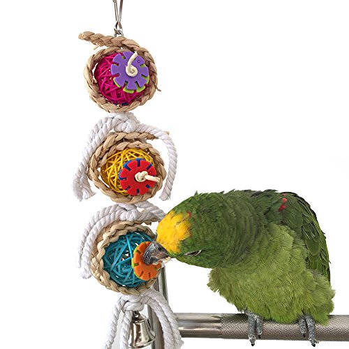 Hypeety Pet Parrot Chewing Swing Toys with Rattan Ball String Hanging Rope Bells for Macaw African Greys Budgies(2 Design)(A)