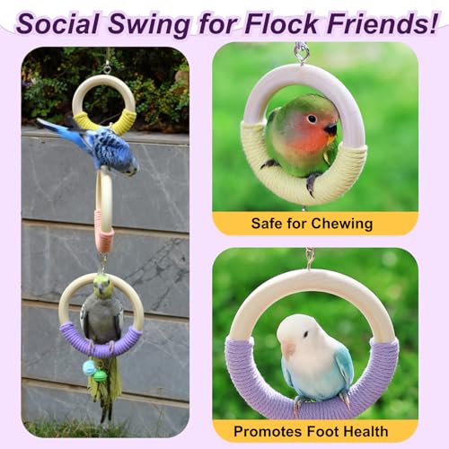3-Ring Bird Wooden Swing with Bell Climbing Toy Chewable Cotton Rope Perch