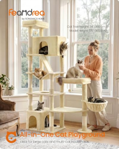 Feandrea Large Cat Tree, 74.1" Tall Sturdy Cat Tower for Indoor, Beige - color: Beige, size: 41.3"L x 17.7"W x 74.1"H
