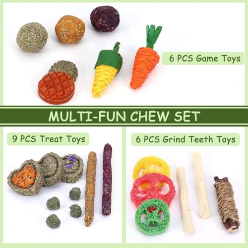 Bunny Toys, 21PCS Rabbit Chew Toys for Teeth, Guinea Pig Natural Treats - size: 21Pack-small Set