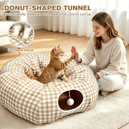 3-in-1 Bunny Tunnel Bed,Collapsible Rabbit Tunnel Toy,Portable Playground - color: YellowPlaid