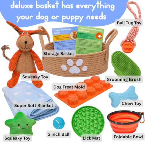 Deluxe New Puppy & Dog Gift Basket for Puppies, Adopted Dogs & Small Family Dogs - Dog Lick Mat, Chew Toys, Squeaky Toys, Toy Box, Treat Mold, Pet Blanket - Essential Pet Supplies