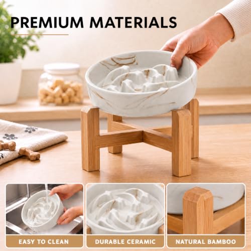 Elevated Ceramic Slow Feeder Dog Bowls Anti-Choking Slow Feeding for Medium& Large Anti-Slip Non-Lead & Toxic Durable Easy to Clean Maze Slow Feeder Bowl（8.66in Marble Brown Stars Pattern） - color: Marble Brown Stars Pattern, size: 3.6Cup