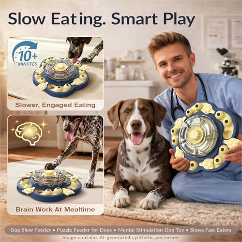KADTC 3-Level Dog Puzzle Toy, Spin to Release Treat Dispenser & Slow Feeder - color: Sunflower Blue