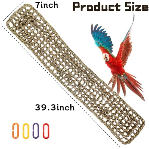 Bird Seagrass Mat 39.4×7" Long Natural Macaw Woven Net Hammock Hanging on Parrot Cage with Hooks Climbing Ladder Swing Chew Toys for Cockatoo Large Parrot Supplies - size: 1Pc 39.4" × 7"