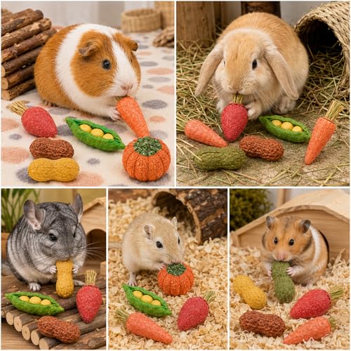 HERCOCCI 15Pcs Guinea Pig Chew Toys, Hamster Toys Prevent Excessive Teeth Growth Natural Vegetables Carrot & Timothy Grass for Guinea Pig Rabbit Chinchillas Gerbil