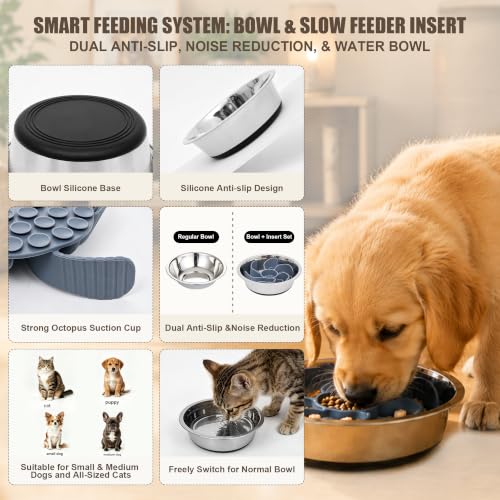 Nonslip Stainless Bowl Slow Feeder Kit for Small Dogs & Cats, Anti Gulping