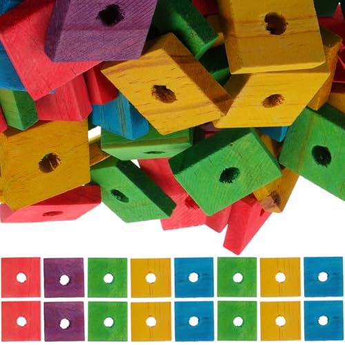 Parrot Wood Chip Toy 100 Pcs DIY Bird Toys Supplies Chew Blocks with Hole Mixed Color Bite Toy Pieces for Parrots Cockatiels Parakeets Small Birds Cage Activity