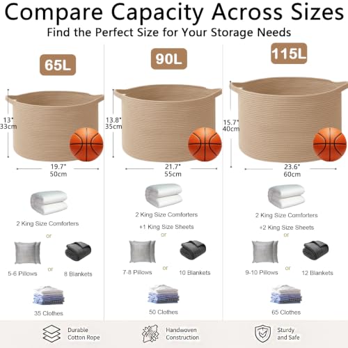 90L Extra Large Blanket Basket,Woven Rope Laundry Basket-Camel - color: Camel, size: 21.7"L x 21.7"W x 13.8"H（90L)