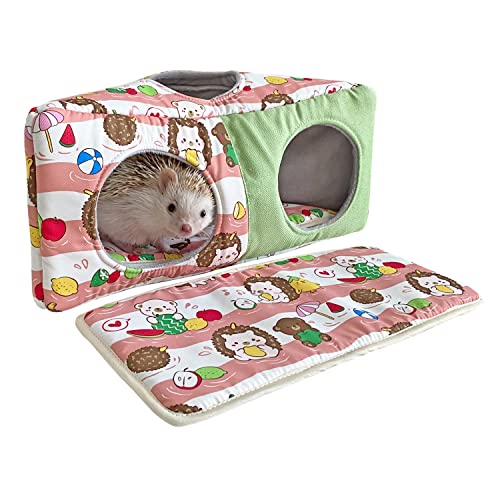 Hedgehog Fleece Corner Hideout Cave Collapsible Pet Play Toy Tunnel Tube Warm House Hidey Hut for Sugar Glider Ferret Hamster Small Animal Beds (Pink/Green)