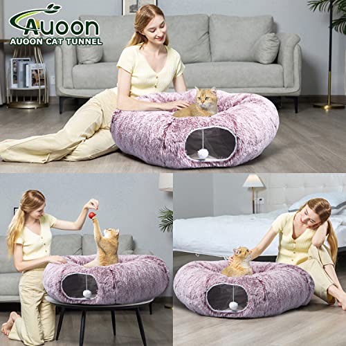 AUOON Plush Cat Tunnel Bed for Indoor Cats, 36"L x 36"W x 11.5"H, Rosiness - color: Rosiness