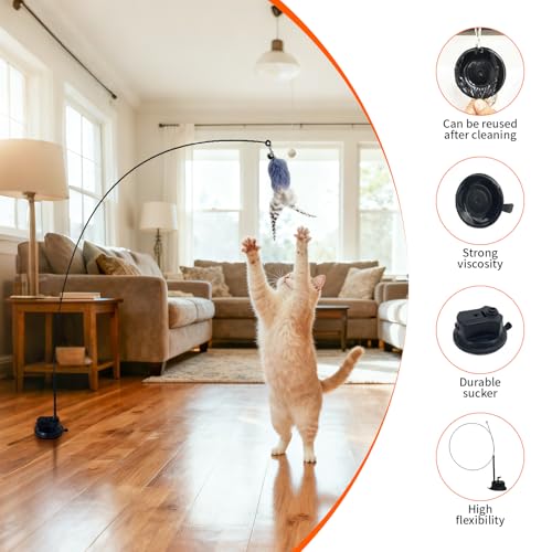 Interactive cat Feather Toy, Fishing Rod Feather Toy, Replaces Simulated Bird Feathers, Reinforced Suction Cup, Suitable for Indoor use.