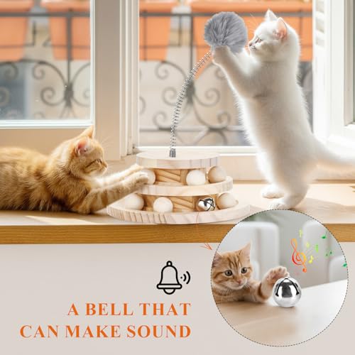 Cat Toy Track Ball with Bell Teaser Wand - Double-Layer Tower Roller, Interactive Wooden Cat Toy for Mental & Physical Exercise, Double Fun for Kittens & Cats - size: 7.31