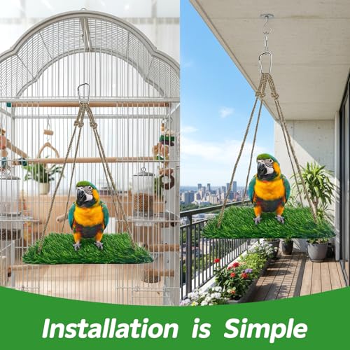 Square Artificial Grass Bird Foraging Mat, 10" x 10" Hanging Perch Platform, Bird Cage Accessories for Parakeets, Cockatiels, Budgies, Bearded Dragons & Small Pets