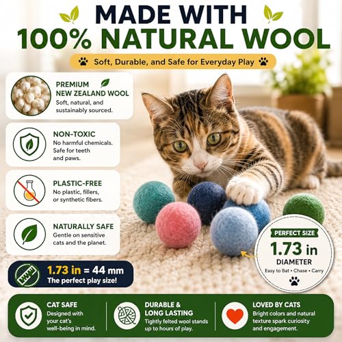 Cat Felt Balls 6 Pack, Wool Toy Balls for Indoor Cats, No Catnip