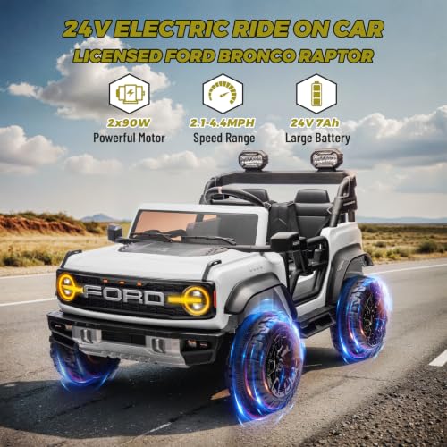 24V 2 Seater Ride On Toys for Kids, Licensed Ford Bronco Raptor Electric Ride On Car w/Remote Control, Safety Belt, LED Lights, Spring Suspension, Bluetooth Music, 3 Speed, White - color: White