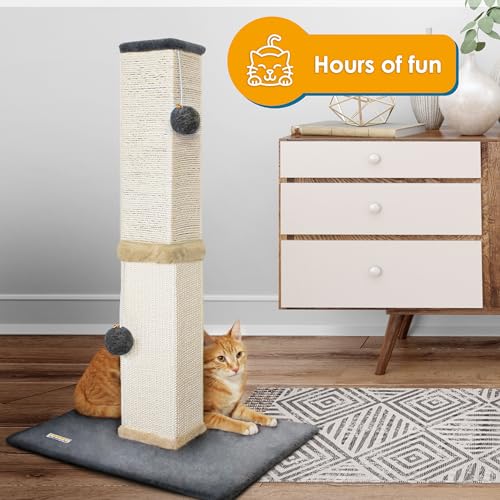 Pawbee 32" Cat Scratching Post Tower with Jingle Bells and Plush Balls, Sisal Tower with Larger Base for Better Stability, Beige - color: Beige
