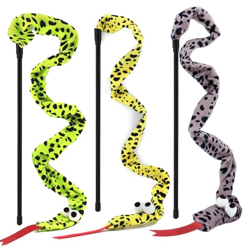Interactive Cat Toy Wand with Catnip Mouse, Cat Teaser Wand Rainbow String for Bored Indoor Adult Cats and Kittens (3 Pack Snake) - size: 3 Pack Snake