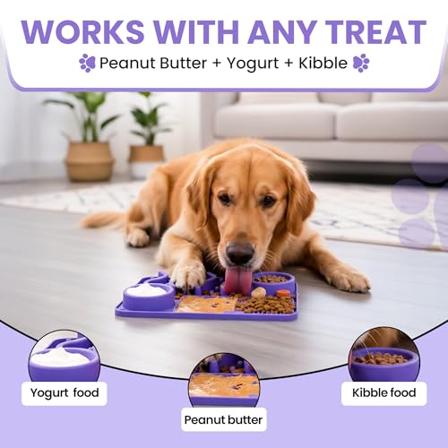Dog Lick Mat with Strong Suction Cups, Slow Feeder for Dogs, Anxiety & Boredom Relief, Enrichment Licking Mat with Bowl & Spatula, Non-Slip Silicone, Dishwasher Safe