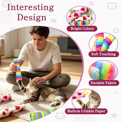 Plush Cat Pillow Toy with Catnip & Crinkle Paper, Interactive Kick Sticks for Cats, Soft Kitten Chew Bite Toys for Teeth Cleaning (Rainbow Stripe Red Heart Toys 4 Pack) - color: Rainbow Stripe Red Heart Toys 4 Pack