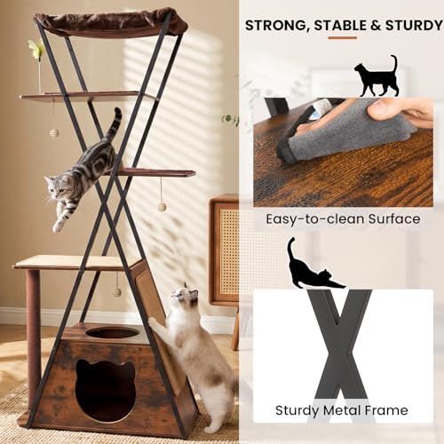 71" Modern Wood Cat Tree for Large Cats - Heavy Duty Tall Cat Tower for Indoor Cats, Multi-Level Cat Furniture with Spacious Condo, Large Perch, Scratching Posts & Hammock (Brown) - color: brown