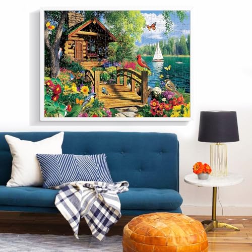 300 Piece Puzzles for Adults,Lake Cabin Jigsaw Puzzle for Adults Kids Elderly,Large Piece Countryside Puzzle for Kids Age 8-10 10-12,Challenging Landscape Puzzle,Family Game Great Gift 20.5x15in - color: Lake Cabin