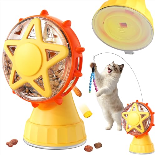 Interactive Cat Treat Dispenser, 2-in-1 Slow Feeder & Wand, Yellow - color: Yellow