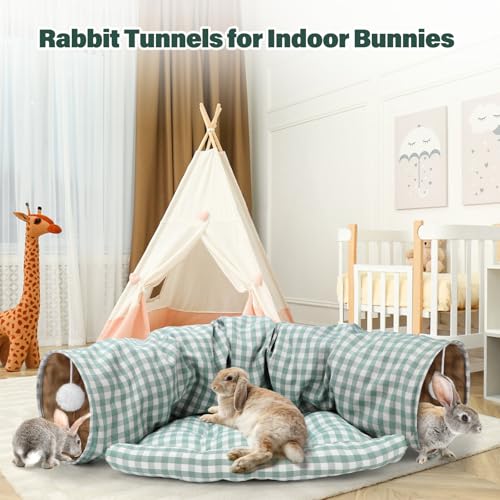 BWOGUE Bunny Tunnel Bed, 2-in-1Collapsible Rabbit Tunnel Hideout with Mat - color: GreenPlaid