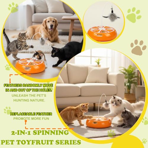 Puffluv Interactive Cat Toy,2 in 1Fruite Shape Toys with Electric Moving Concealed and Hanging Feathers Pop and Play Hide Seek, Hunting,Tpye-C Rechargeable-Orange - color: ORANGE