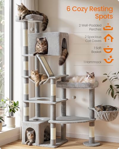 Feandrea Large Cat Tree, 74.1" Tall Sturdy Cat Tower for Indoor, Dove Gray - color: Dove Gray, size: 41.3"L x 17.7"W x 74.1"H