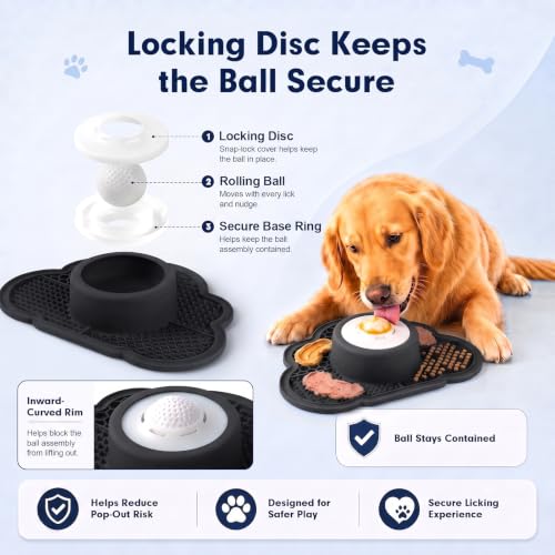 Anti-Slip Slow Feeder Dog Bowl and Lick Mat with Rolling Ball - color: Black