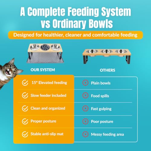 Raised Cat Food Bowls-3 Bowl Elevated Cat Feeding Station with Mat