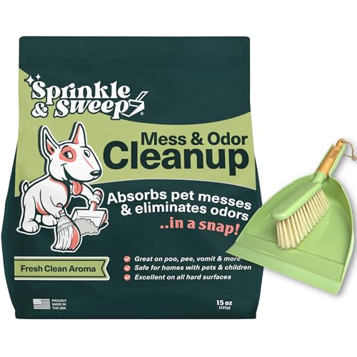 Sprinkle & Sweep: Pet Mess & Odor Cleanup Duo - 15oz Bag & Dustpan Broom - Dog Accident Clumping Powder, Remove Urine-Poop-Vomit from Hard Services - style: 1 Bag + Sweeper Kit