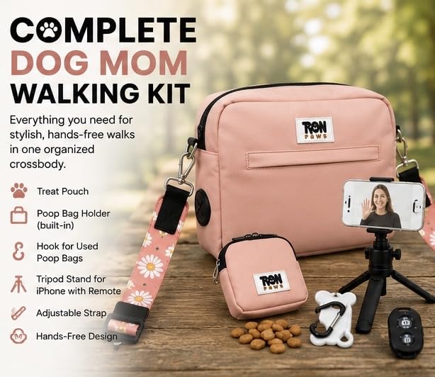 Hands-Free Dog Walking Crossbody for Training, Treat Pouch, Built-in Poop Bag Dispenser, Used Bag Hook & Bonus Tripod (Pink) - color: Blush Pink